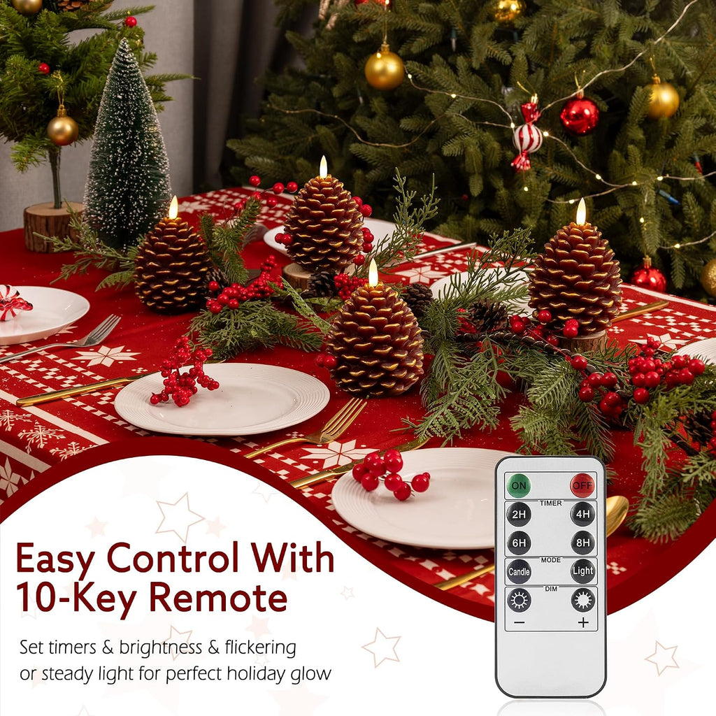 Christmas Flameless Pinecone Candles with Remote, Real Wax Pine Cone Candle