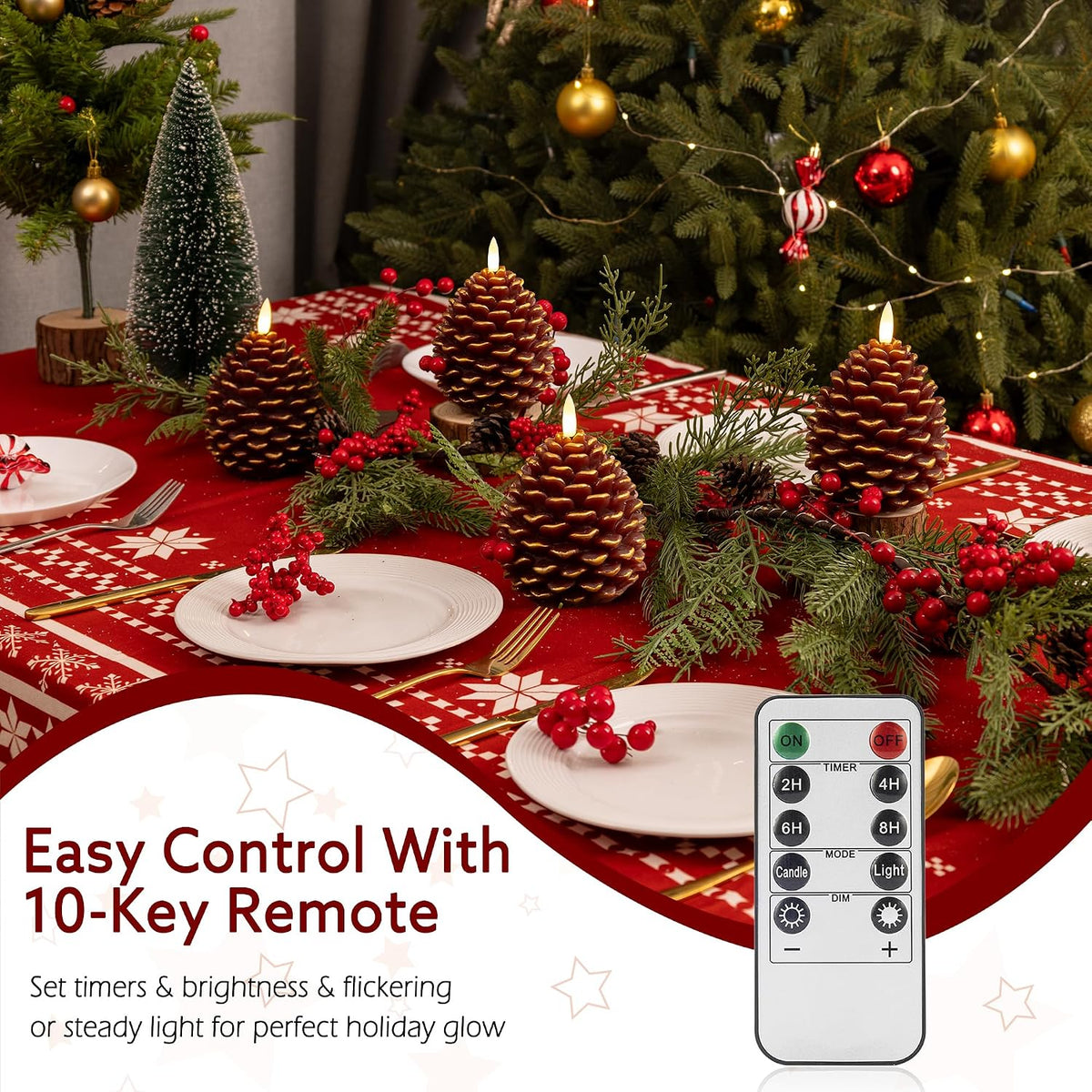 Christmas Flameless Pinecone Candles with Remote, Real Wax Pine Cone Candle