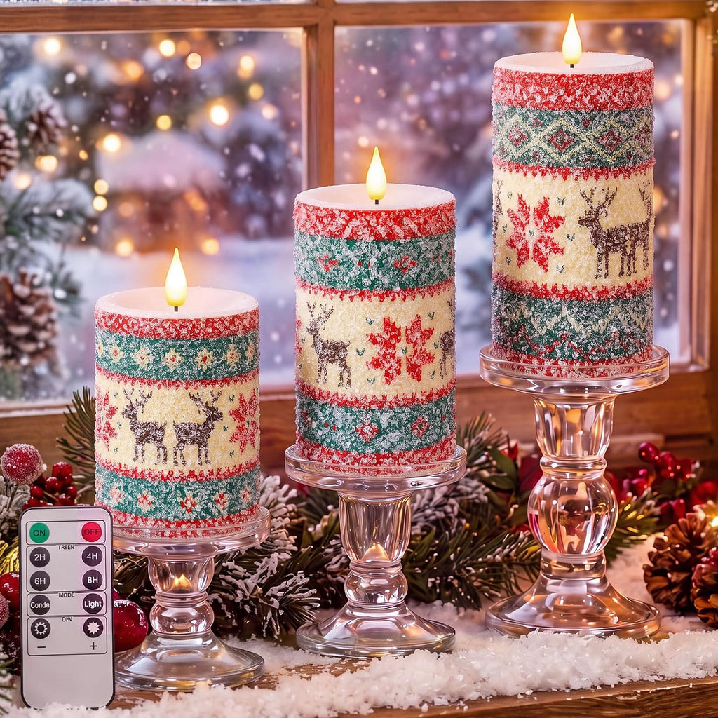 Retisee 3 Pcs Christmas Elk Knitted Sweater Flameless Candles 4" 5" 6"
