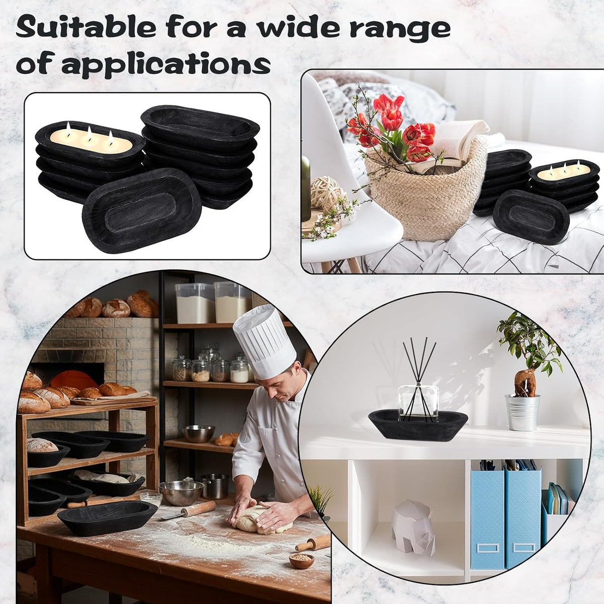 Nuogo 10 Pack 12.5 Inches Wooden Dough Bowls Bulk Rustic Bowls, Black