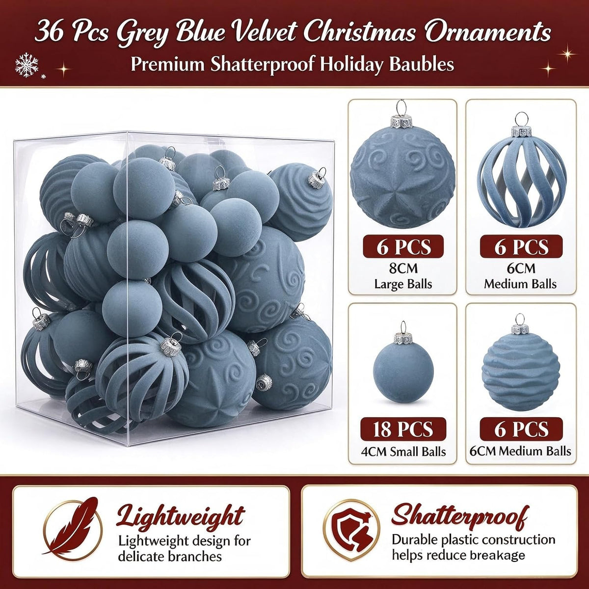 36Pcs Velvet Shatterproof Christmas ball Ornaments Set (Blue)