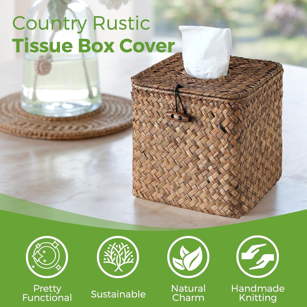 Seagrass Tissue Box Cover Square, Woven Wicker Tissue Box Holder, Brown