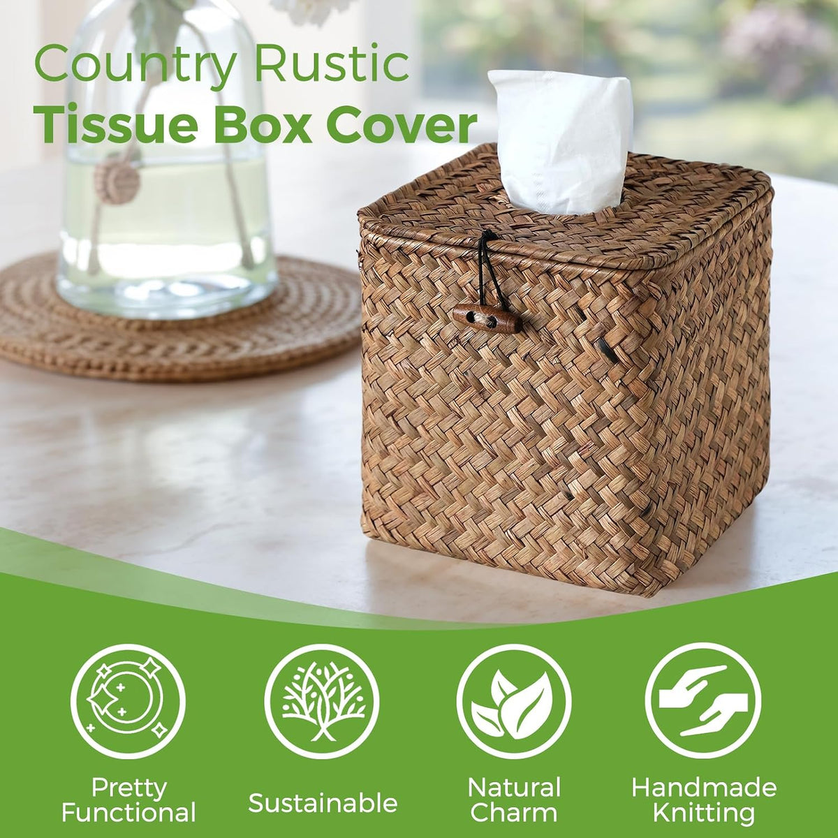 Seagrass Tissue Box Cover Square, Woven Wicker Tissue Box Holder, Brown