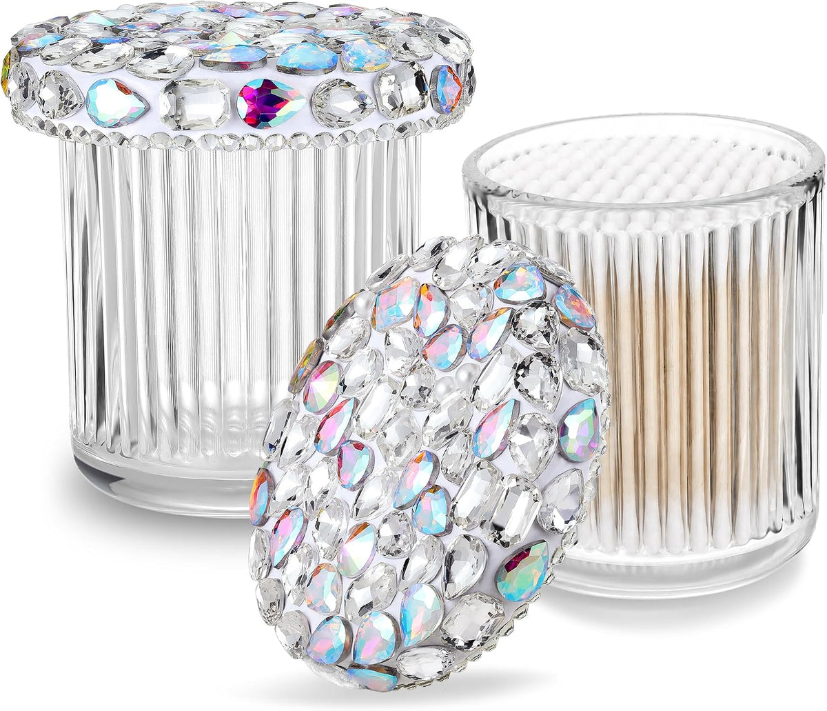 SlowVibes Bling Glass Cotton Swab Holder Jars, 2 Pack