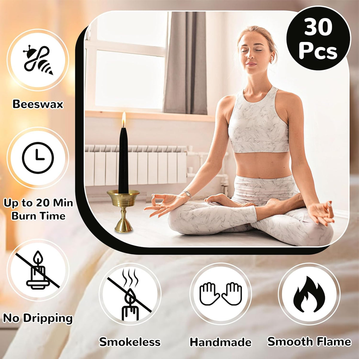 20 Min Black Meditation Candles – 30 Pack, Includes Mini Candle Holder & 12 Wax Dots, Slow Burn, Natural Unscented, for Halloween Yoga Prayer Mindfulness & Relaxation