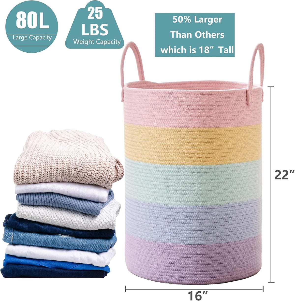 Laundry Basket Girls Kids Hamper 80L Tall Rainbow Hamper for Girls Room