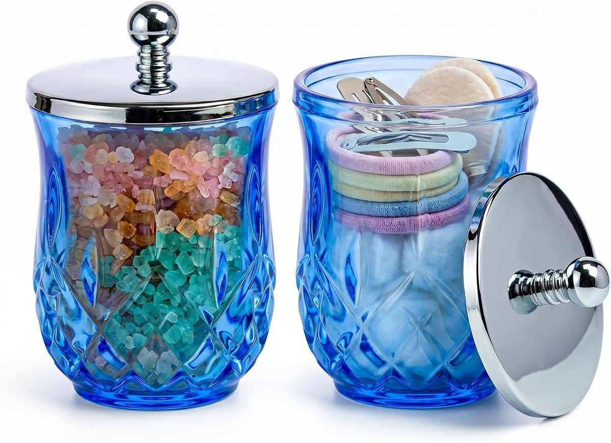 2 Pack 10Oz Blue Q-Tip Holder, Round Thick Glass