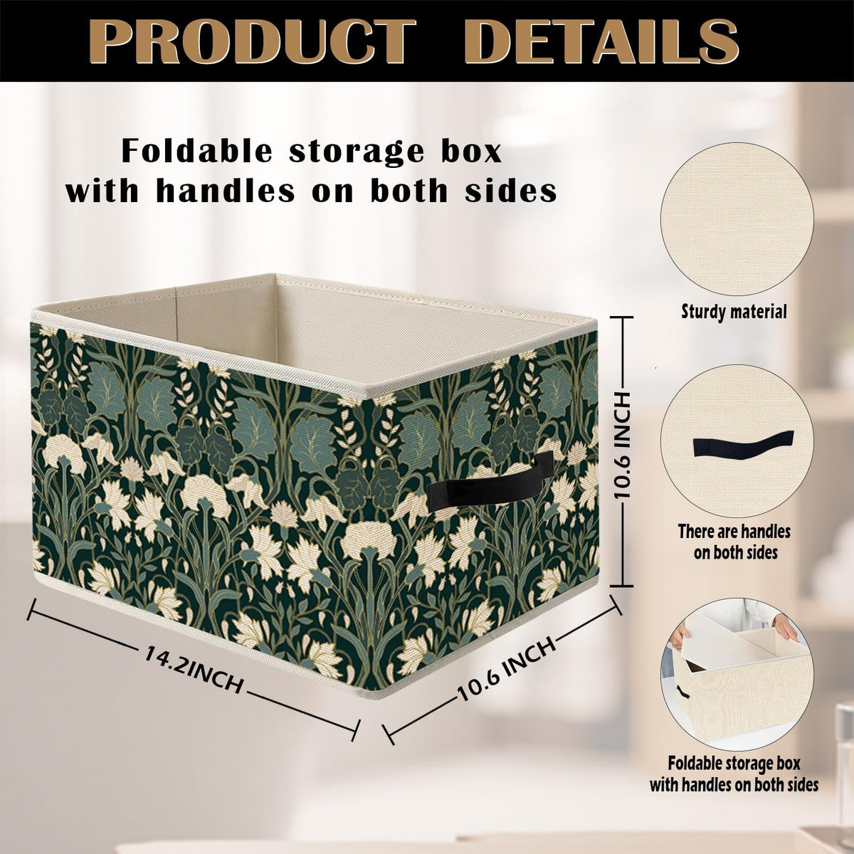 Vintage Art Deco Dark Green Floral Storage Bin Box with Handles, William Morris Inspired Flower Foldable Organizer Basket Toybox for Home Bedroom Bathroom Clothes Toys Books