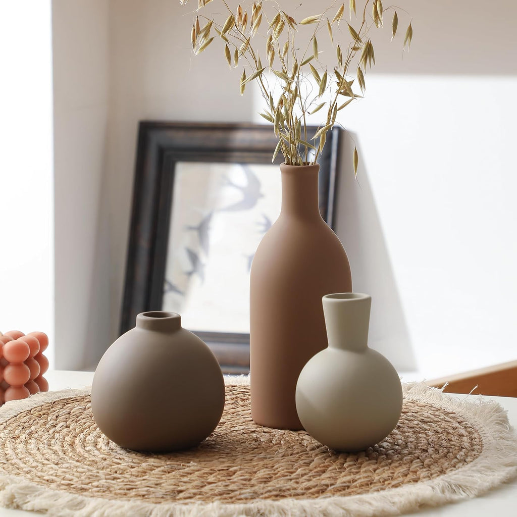 Ceramic Vase Set of 3, Vases Home Decor Rustic Farmhouse Decorative Vase Pottery Vases for Bouquet Pampas Grass Dried Fresh Flowers, Table Living Room Kitchen Bedroom Bathroom - Brown
