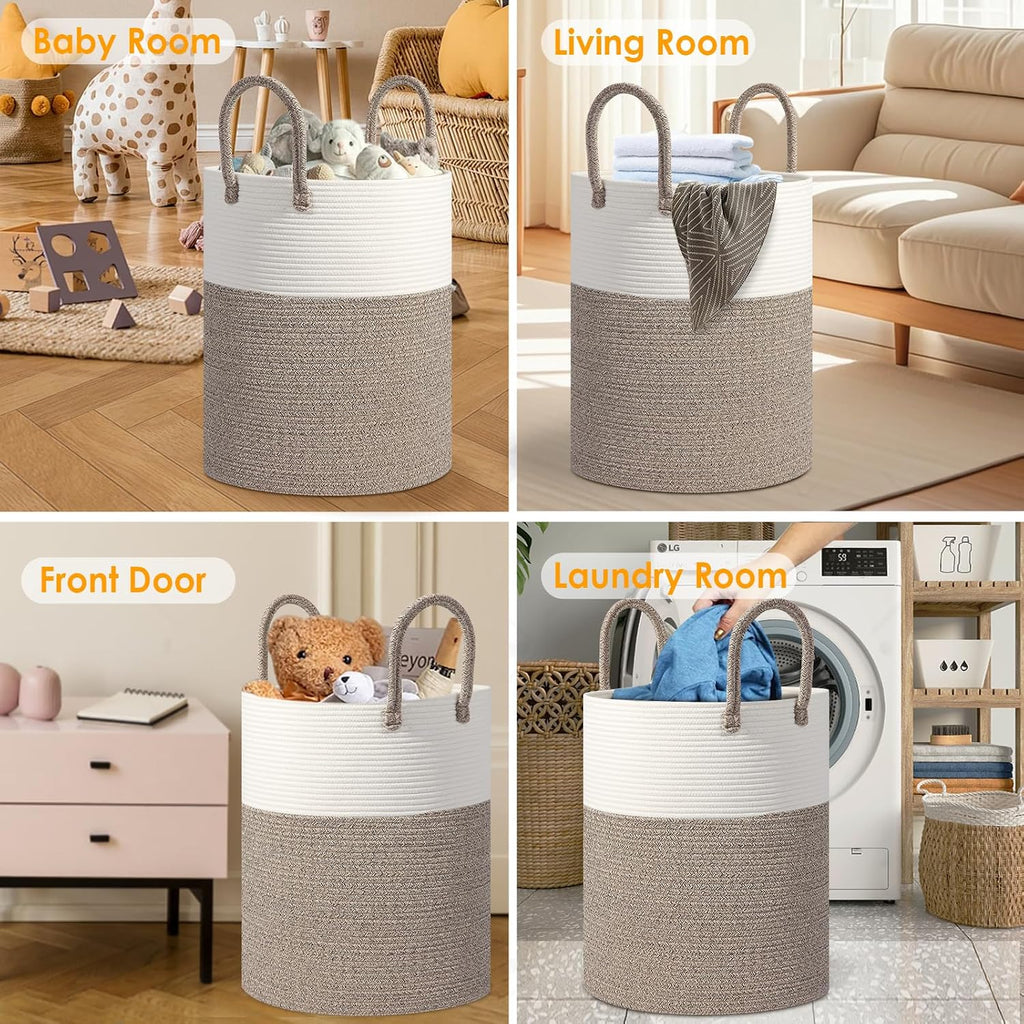 Large 60L Laundry Basket Hamper, Woven Cotton Rope Basket with Handles, Blanket Basket for Living Room, Baby Nursery, Bedroom & Bathroom, 15"D x 20"H Decorative Clothes Hamper, White/Brown