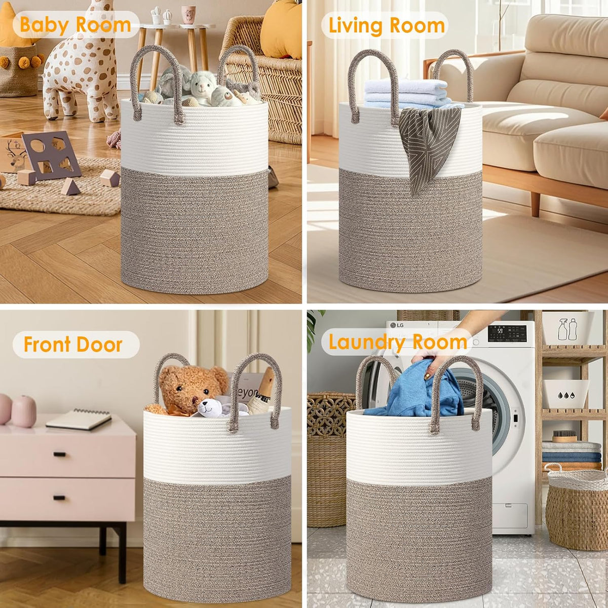 Large 60L Laundry Basket Hamper, Woven Cotton Rope Basket with Handles, Blanket Basket for Living Room, Baby Nursery, Bedroom & Bathroom, 15"D x 20"H Decorative Clothes Hamper, White/Brown