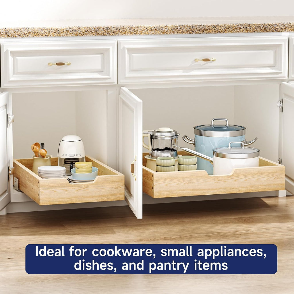 Pull Out Cabinet Organizer, 22.5 in W x 21 in D Solid Wood Slide Out Drawer, Soft Close Sliding Shelf, Bottom or Side Mount for Kitchen Pantry Bathroom, Fits 23.5 in Cabinet Opening