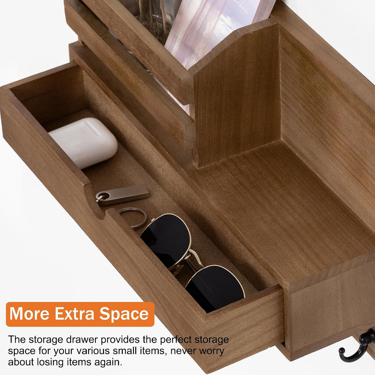 Key Holder Wall Mount, Mail Organizer with 7 Hooks and Storage Drawer