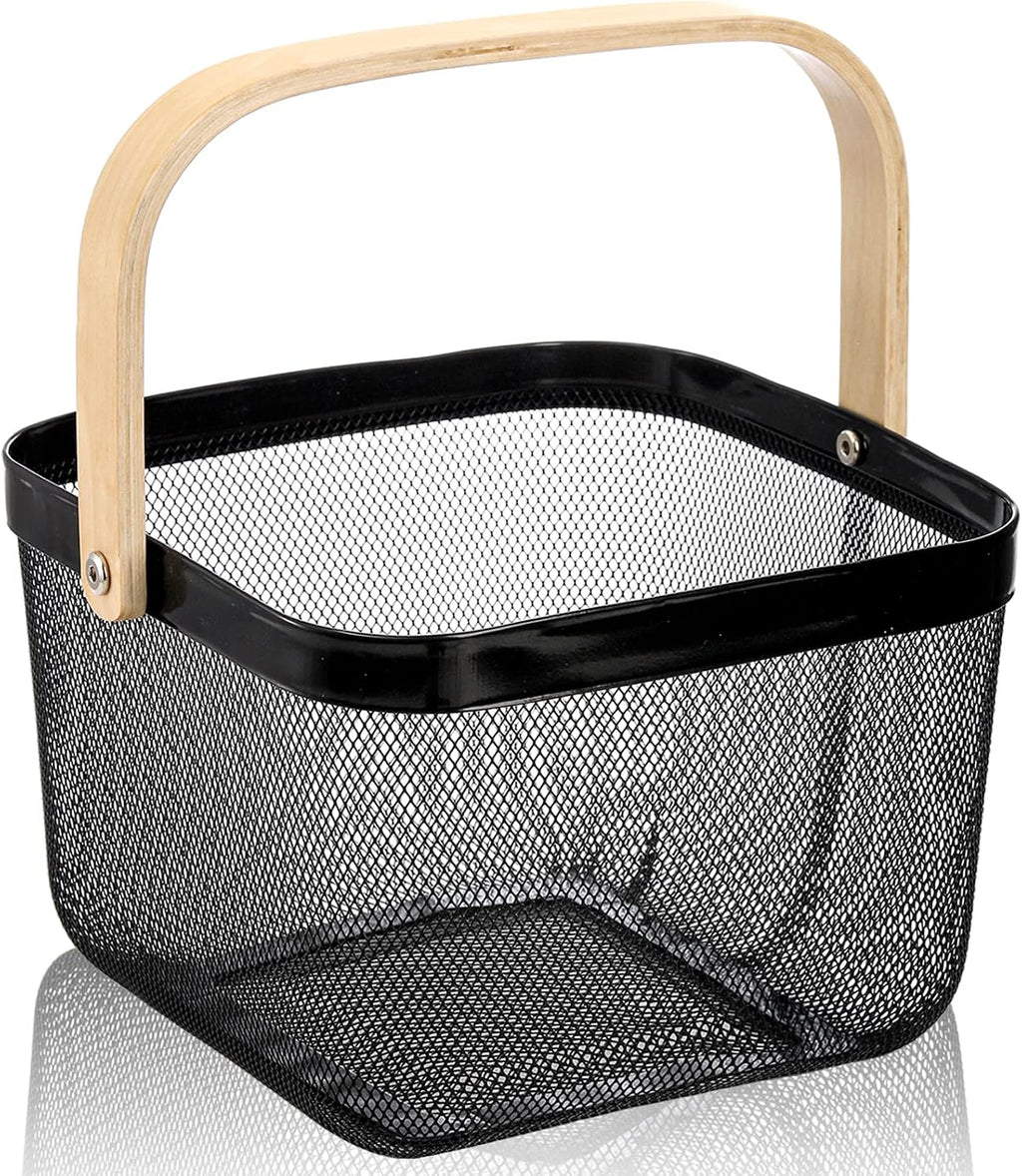 ZEAYEA Mesh Steel Fruit Basket Bin with Handle, Multi-functional Hanging Storage Organizer Garden Harvest Basket, Metal Wire Kitchen Basket for Cabinet, Pantry, Bathroom, Picnic, Home Decor, Black
