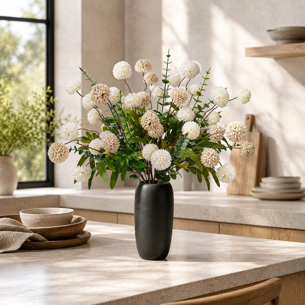 Der Rose Fake Flowers in Ceramic Vase, 18Pcs White Blooms for Spring Decor