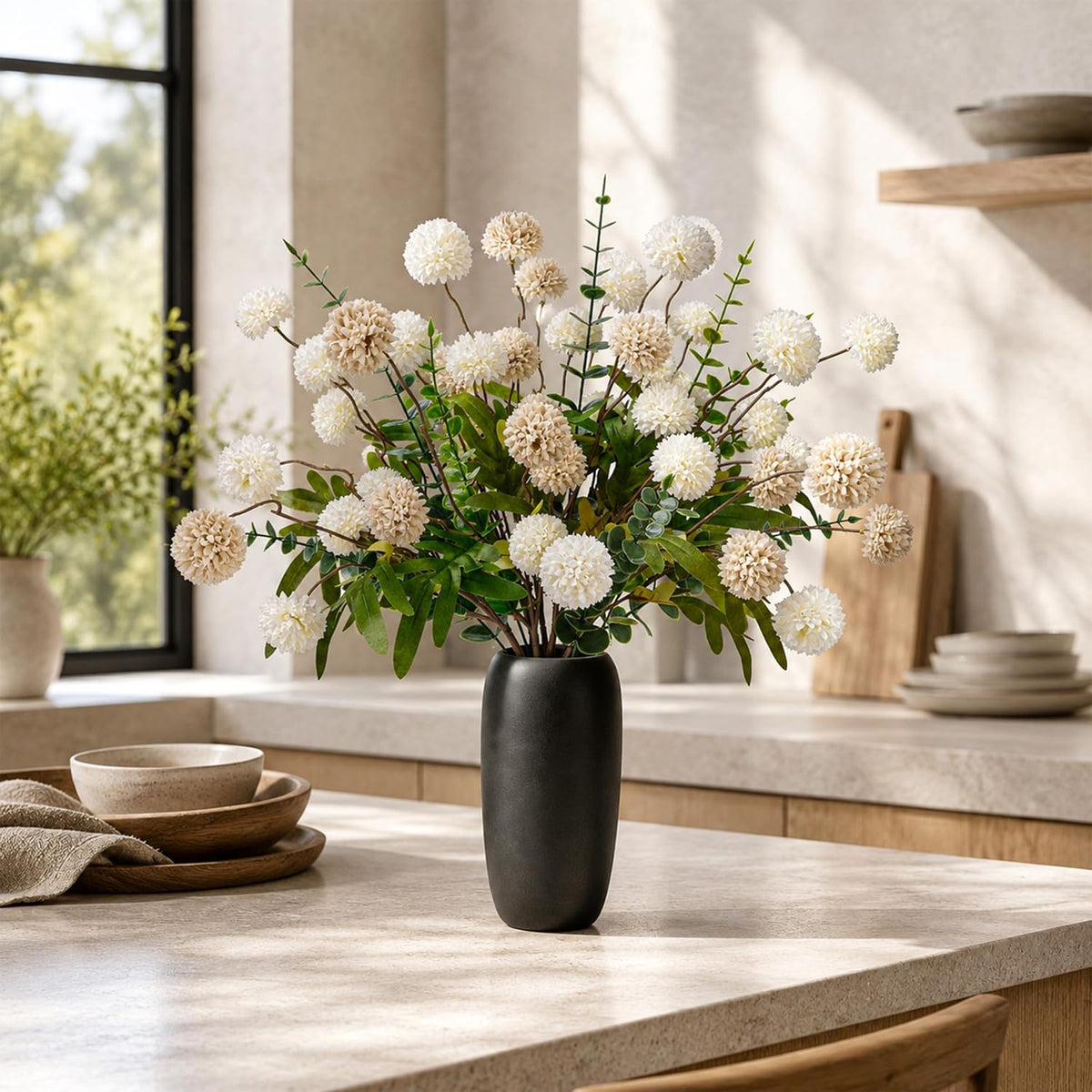 Der Rose Fake Flowers in Ceramic Vase, 18Pcs White Blooms for Spring Decor