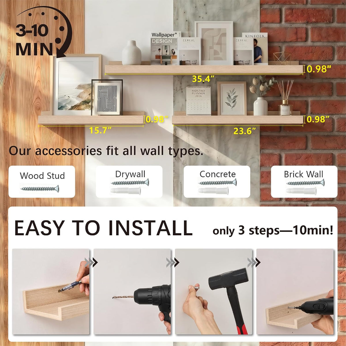 Oak Floating Shelves with Lip, 24 Inch Picture Ledge Shelf Set of 2