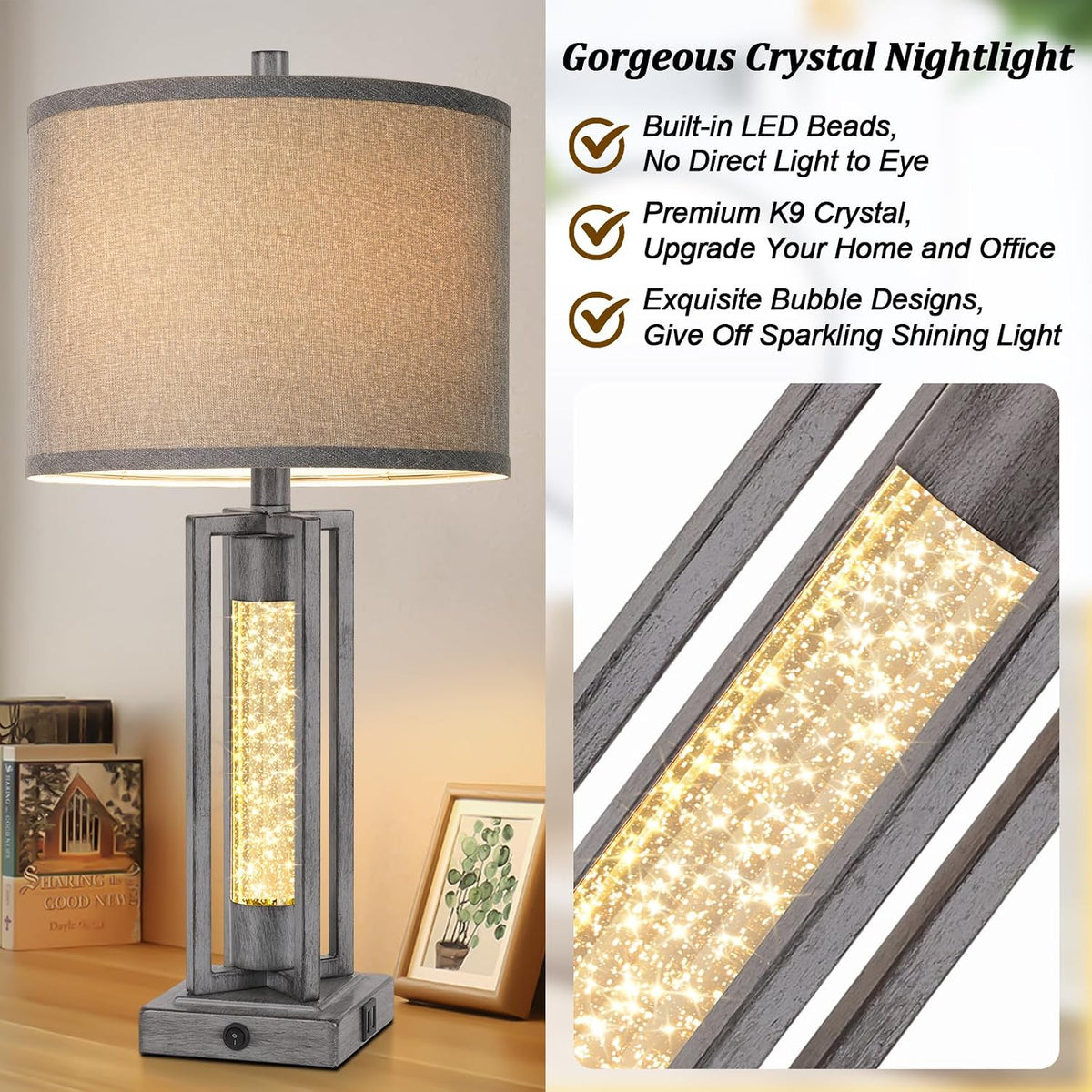 TOBUSA 26’’ Farmhouse Table Lamps for Living Room Set of 2, Modern Nightstand Lamps with Crystal Night Light & 2 USB Ports, Vintage Home Decor Grey Bedside Lamps with Gray Linen Shade for Bedroom