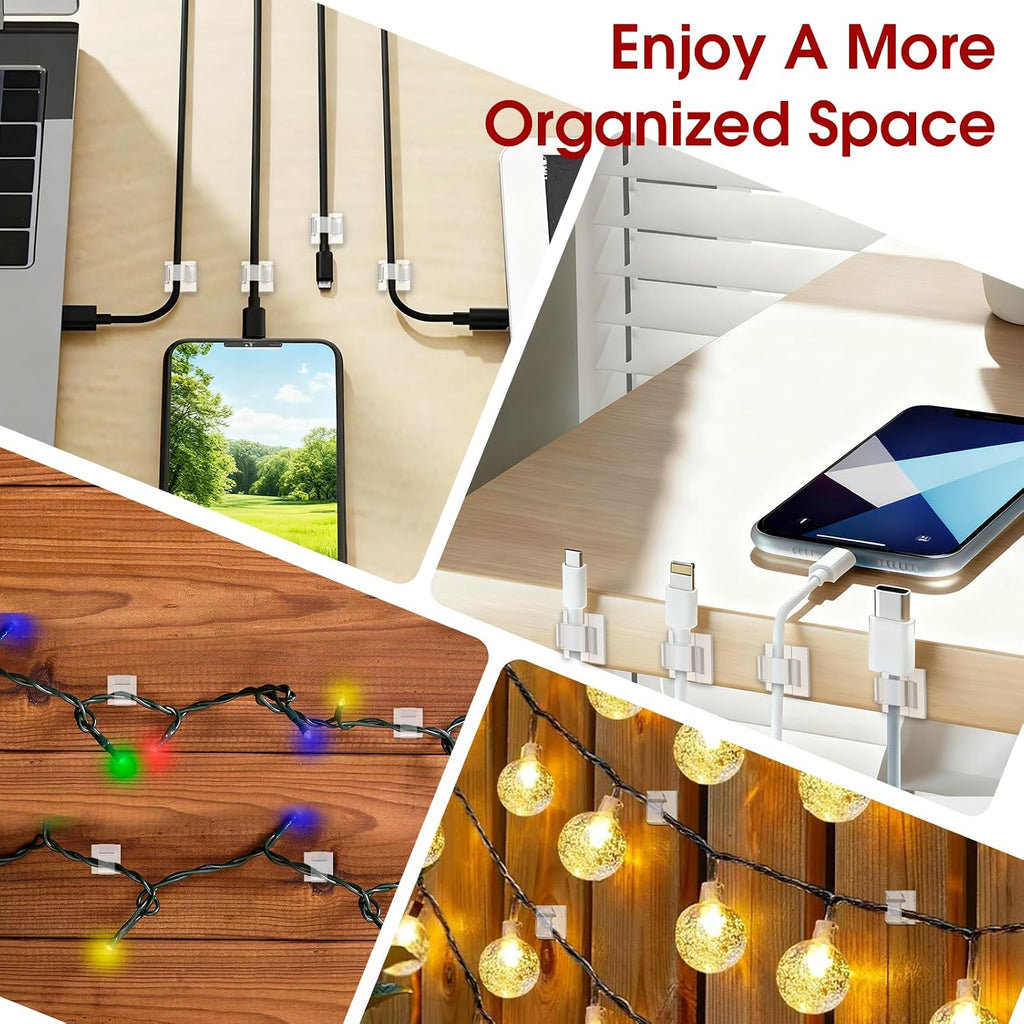 120PCS Heavy-Duty Adhesive Cable Clips, Clear Traceless Cord Organizer & Wire Holders for Wall, Desk, Car, LED Strips and Outdoor Lights (Small)