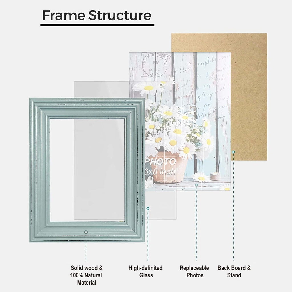 Distressed Shabby Chic 6"x8" Wooden Picture Frames 3pcs (Aqua Gray White)