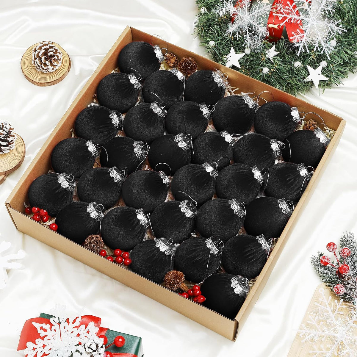 Velvet Christmas Balls Set 30pcs Black Velvet Christmas Tree Ornaments Shatterproof Xmas Hanging Balls Decorative Hanging for Xmas Holiday Family Home Store Indoor Decor 2.4inch