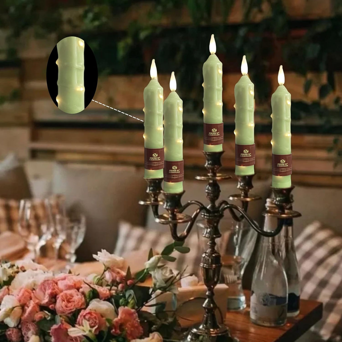 6.5 inch Green Flameless Candle with String Light Window Candles with Remote Timer Battery Operated Taper Candle LED Taper Candles Set of 4