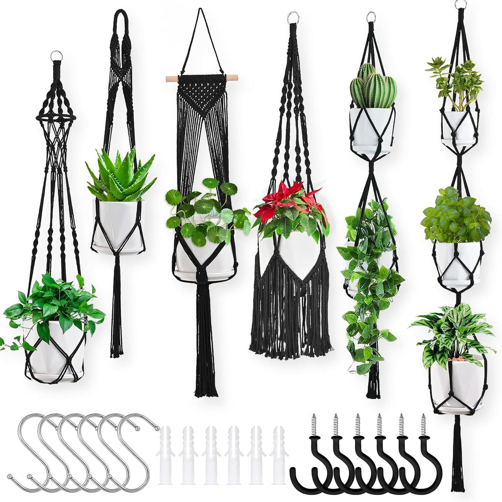 Macrame Plant Hangers, 6Pack Hanging Plant Holders Indoor, Black