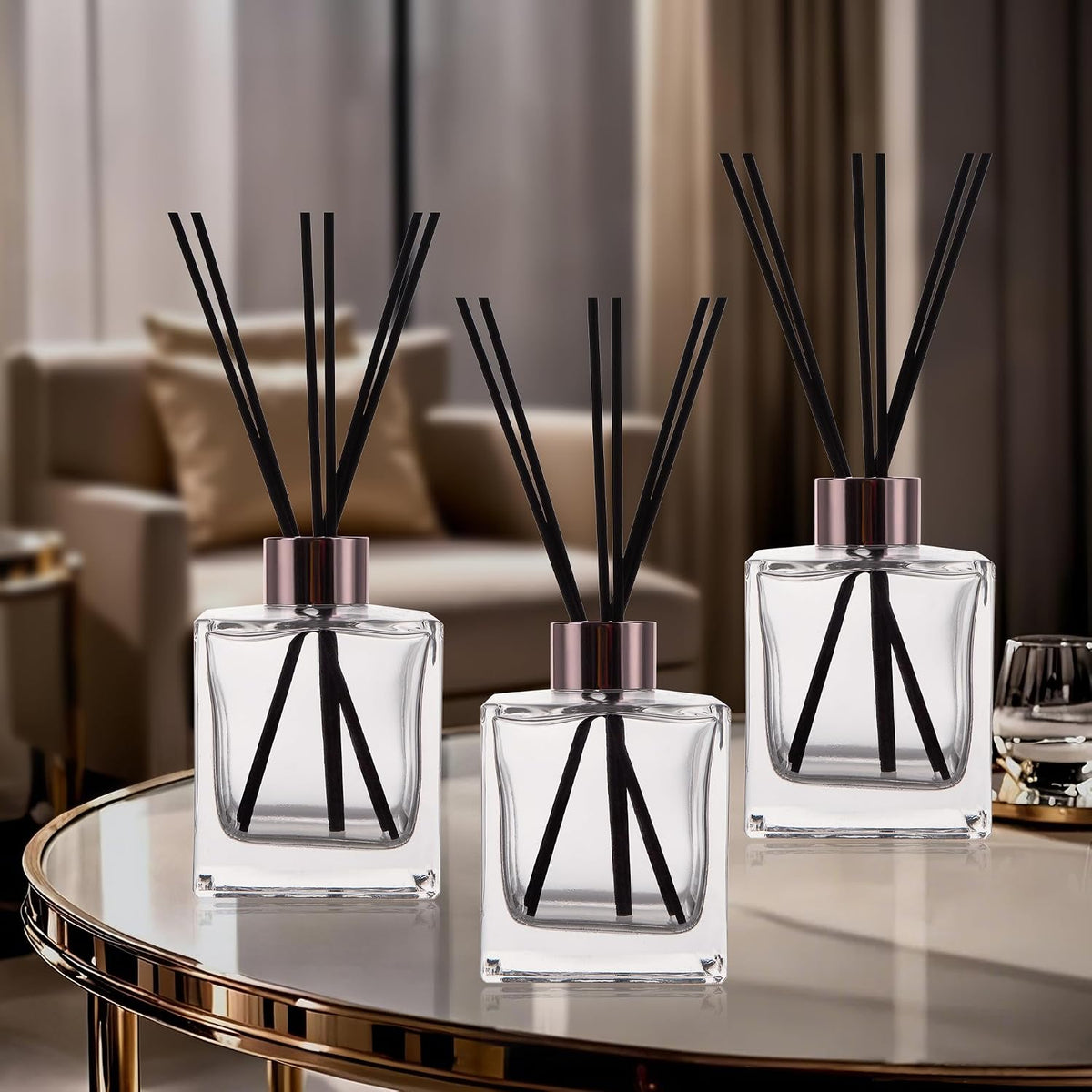 6 Pack Perfume Reed Diffuser Bottle,Empty Square Essential Oil Bottles Glass Jar with Black Sticks for DIY Fragrance Replacement Diffuser Sets (200ml/6.8 oz, Transparent Color)