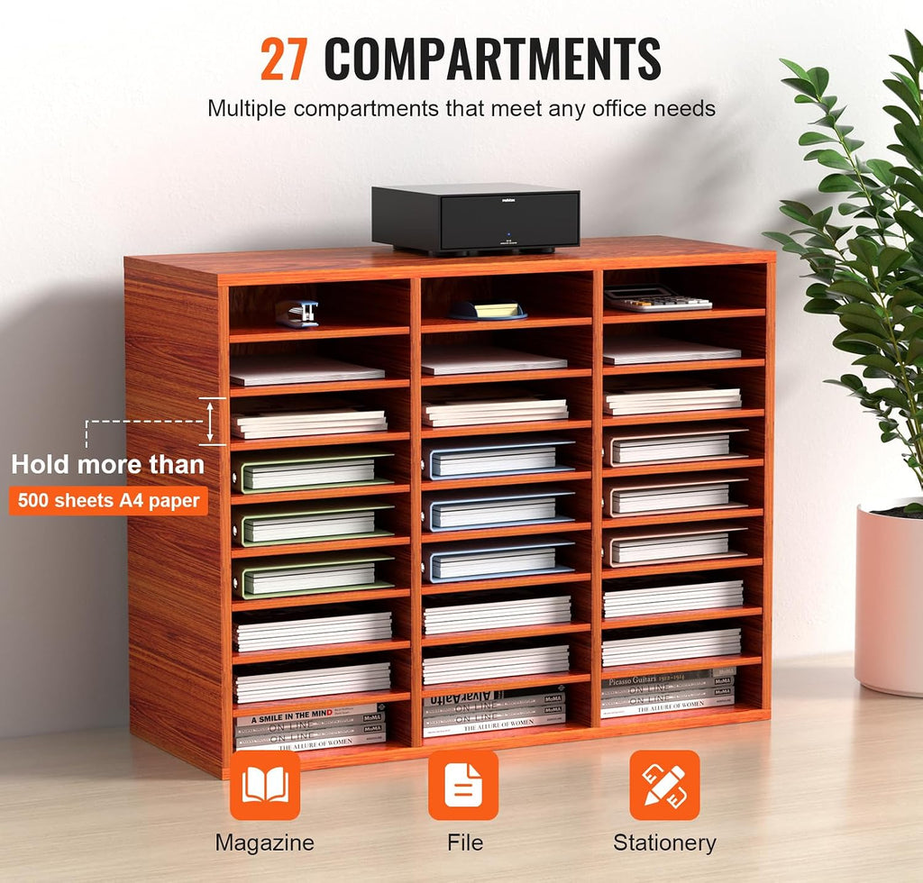 VEVOR 27 Compartments Wood Literature Organizer, Adjustable Shelves, Medium Density Fiberboard Mail Center, Office Home School Storage for Files, Documents, Papers, Magazines, Brown