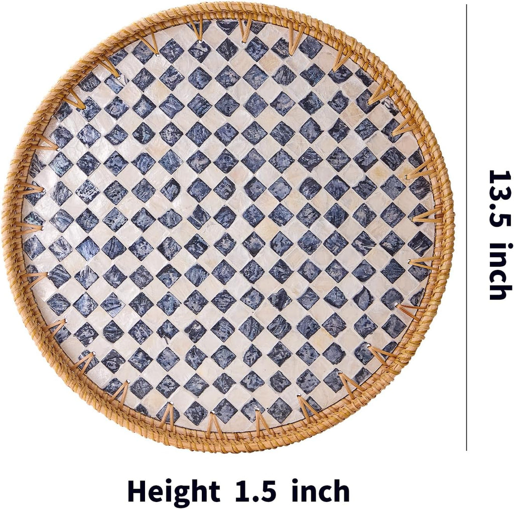 Round Rattan Tray with Mother of Pearl Inlay, Rattan Serving Tray with Wooden Base, Decorative Wicker Basket for Table Decor, Storage and Display of Coffee Bread Food Fruit (Checkerboard 13.5")