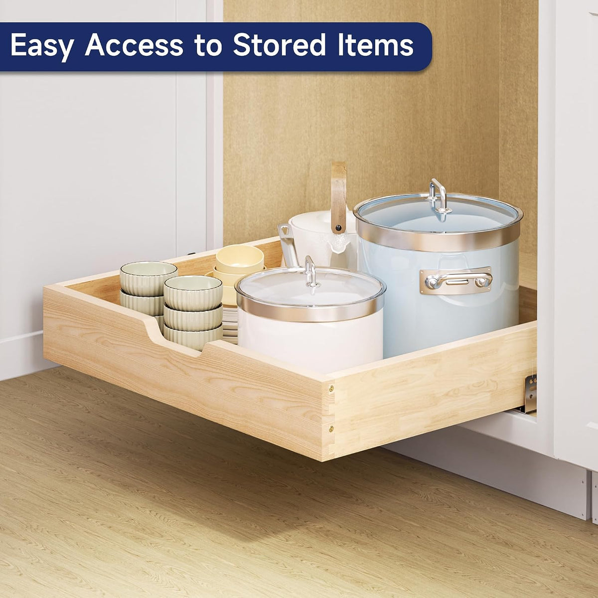 Pull Out Cabinet Organizer, 22.5 in W x 21 in D Solid Wood Slide Out Drawer, Soft Close Sliding Shelf, Bottom or Side Mount for Kitchen Pantry Bathroom, Fits 23.5 in Cabinet Opening