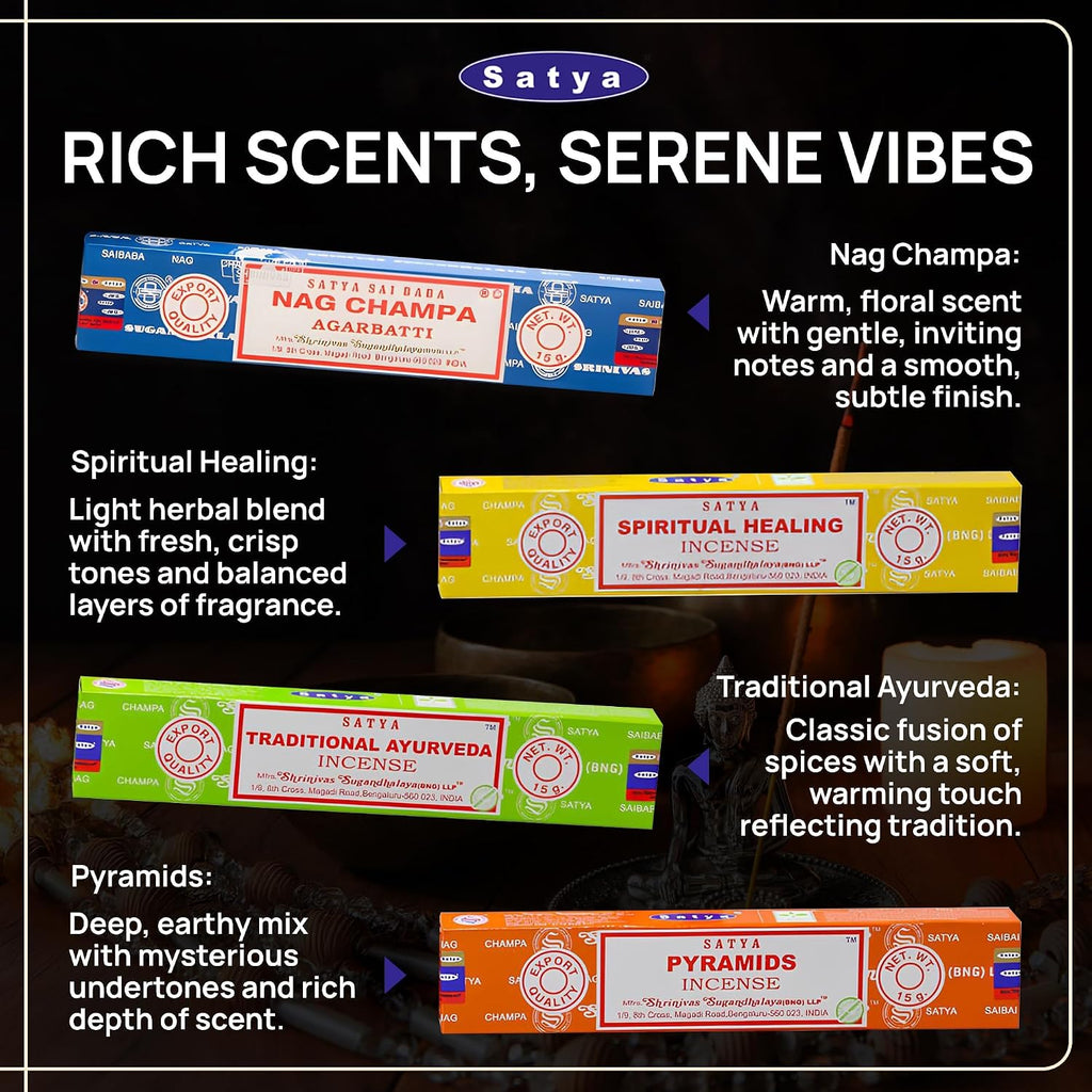 Satya Set of 12 Nag Champa Namaste Positive Vibes Tantra Buddha Blessing Aura Cleansing Chakra Pyramids Reiki Karma Spiritual Healing Traditional Ayurveda