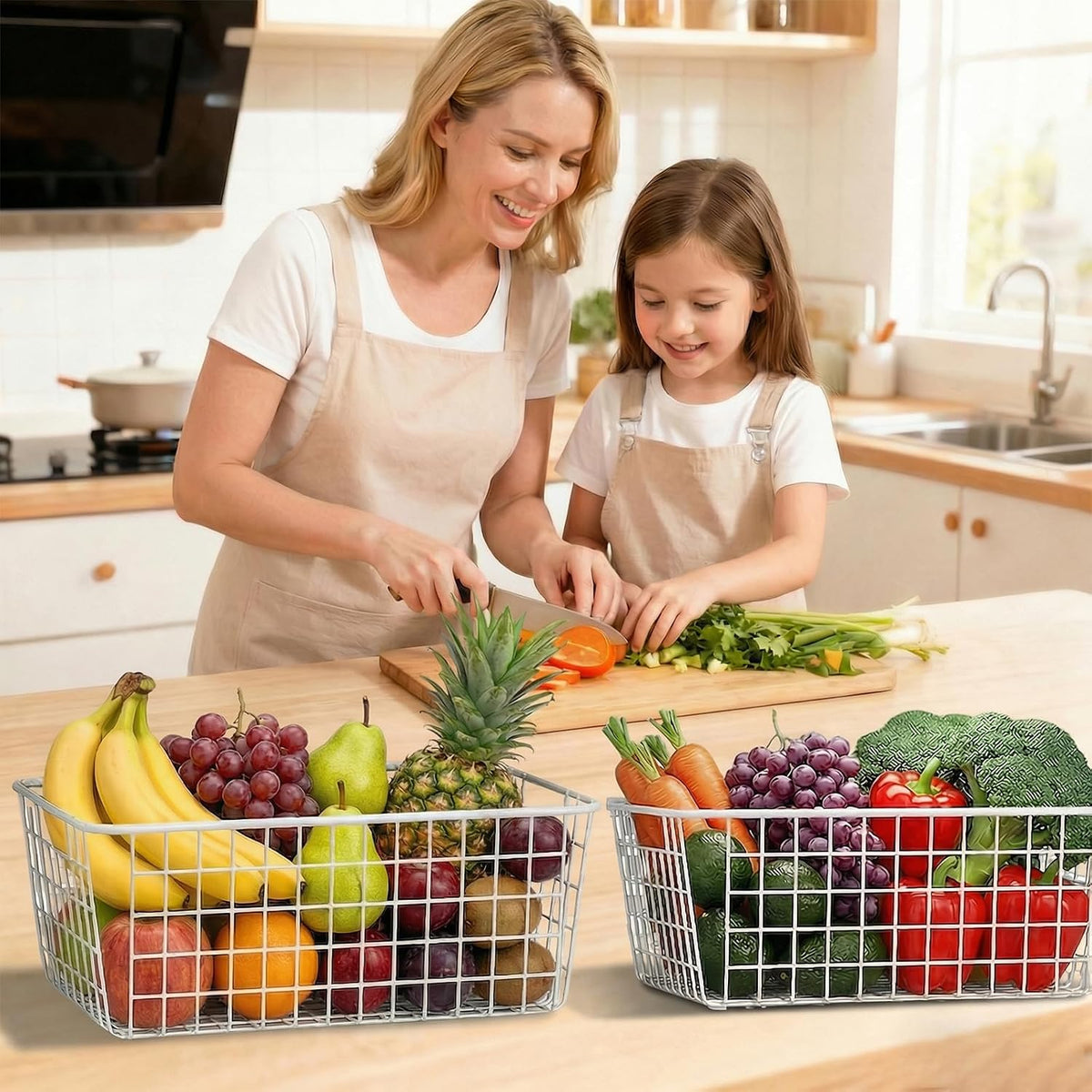 3 Pack Large White Wire Baskets for Organizing, Wire Storage Basket Metal Storage Baskets for Kitchen Cabinets, Countertop