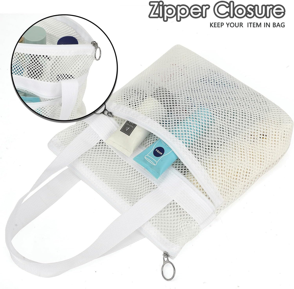 GYEUKHAM Portable Mesh Shower Caddy with 2 Zipper Pockets & Dual Handles, Quick-Drying Hanging Shower Tote for College Dorm, Gym, Travel & Camping, White