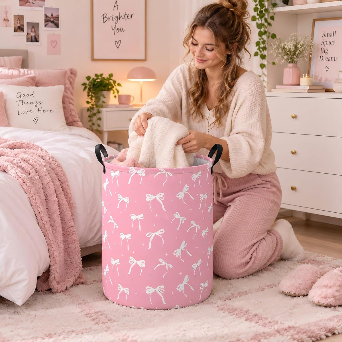 Pink Bow Cute Laundry Basket, Round Laundry Hamper with Handles, Foldable Cotton Linen Storage Bin for Girls Bedroom, Dorm Room, Nursery, Closet, Clothes and Toys