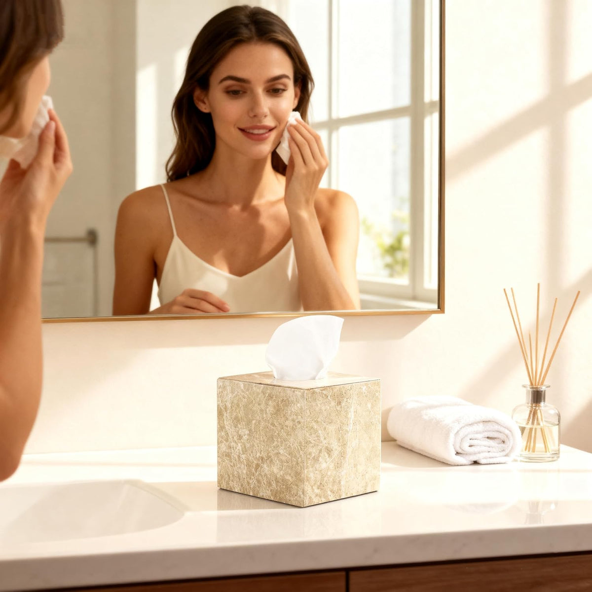 Natural Marble Tissue Box Holder Cover with Open Bottom