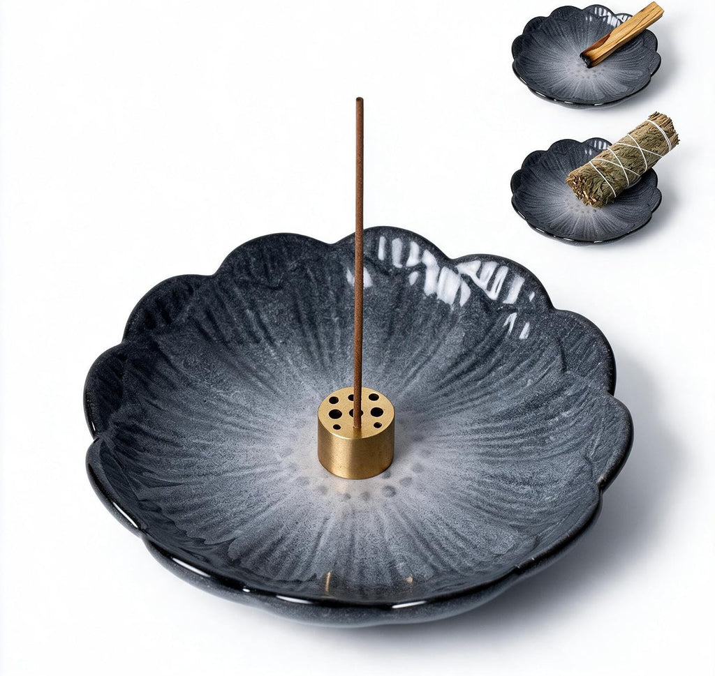 Pinehaven Ceramic Lotus Incense Holder – 5.5 Inch Hand-Sculpted Tray, Brass 9-Hole Insert for Sticks, Palo Santo, Sage & Cones – Japanese Zen Home Décor for Meditation (Black)