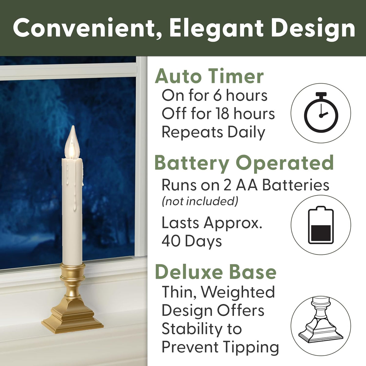612 Vermont Vintage LED Battery Operated Window Candles with Timer (4-Pack)