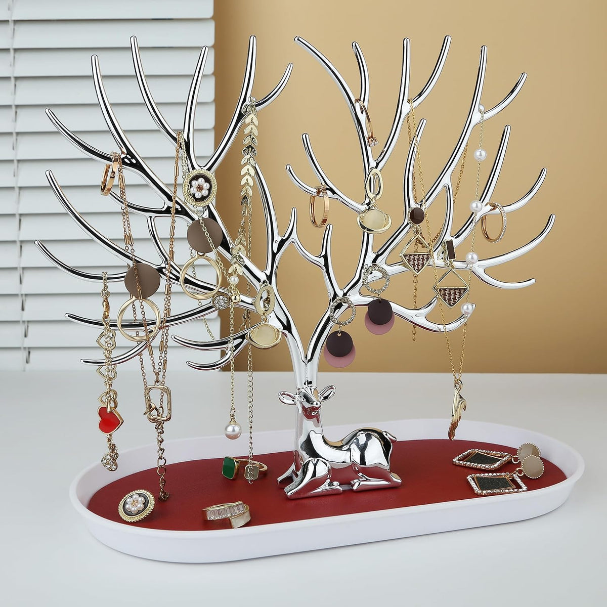 MORE&LESS Antlers Jewelry Display Stand,Silver Deer Hanging Organizer for Ring Earrings Necklace Bracelet
