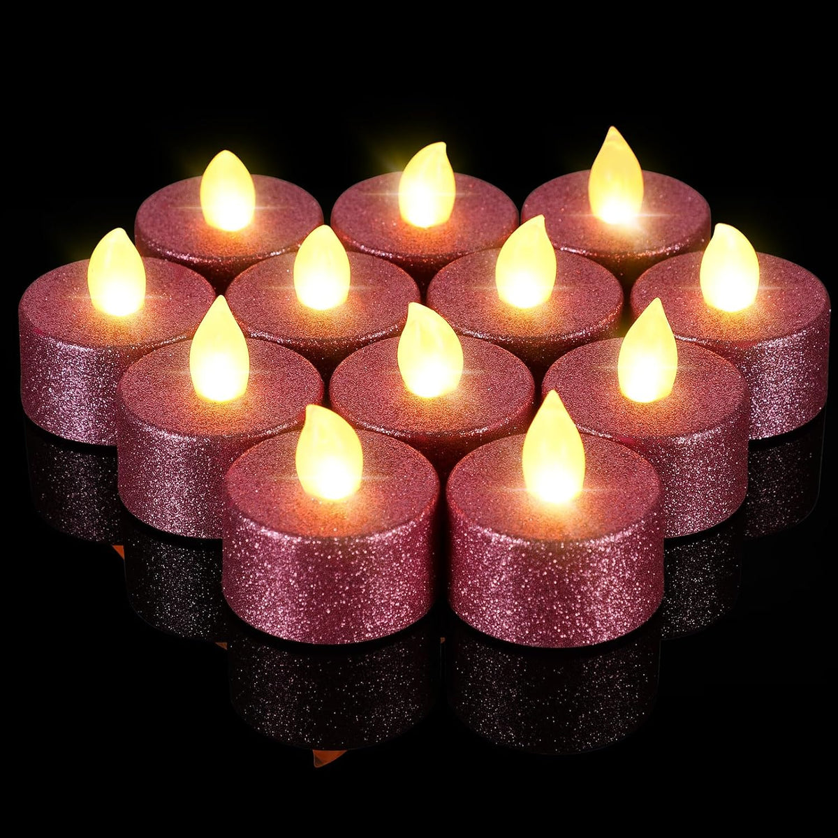 Retisee 48 Pcs Flameless LED Tea Lights Glitter Electric Fake Candles for Centerpieces Battery Operated Anniversary Decorations Romantic Winter Decor for Wedding Christmas Birthday (Pink)