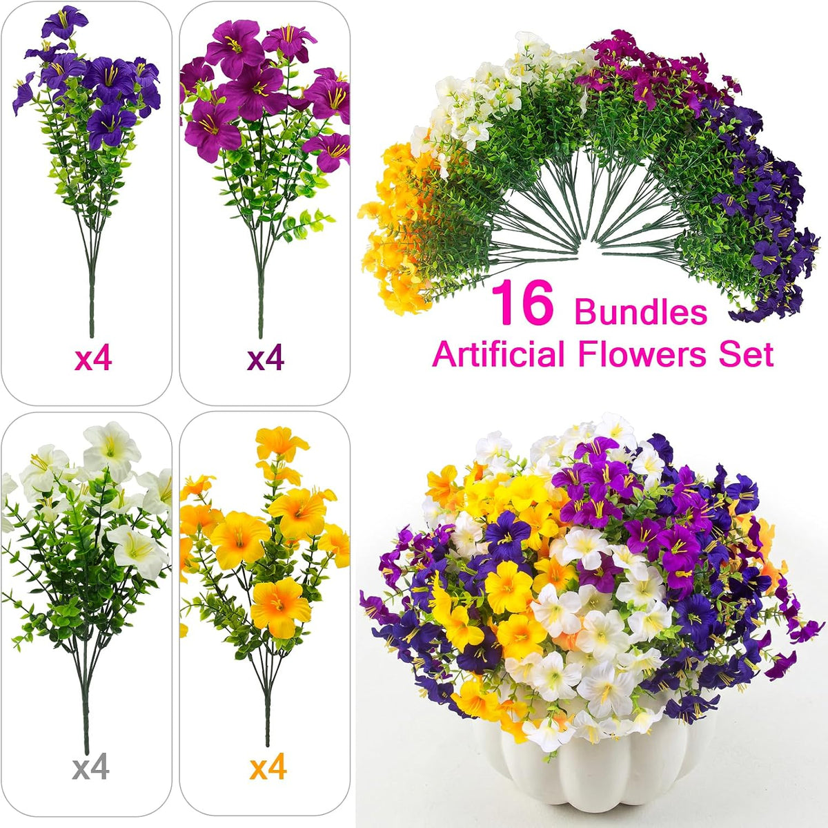 Daynight 16Pcs Artificial Petunias Flowers, Realistic Flowers for Outdoor (16, White,Yellow,Purple,RedViolet)
