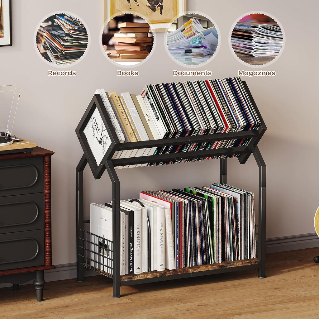 Homeiju 2-Tier Vinyl Record Storage Holder with Dividers, 24.4''W Vinyl Record Display, 300 LPs Vinyl Record Storage Rack, Suitable for Magazines, Books, Documents, Albums