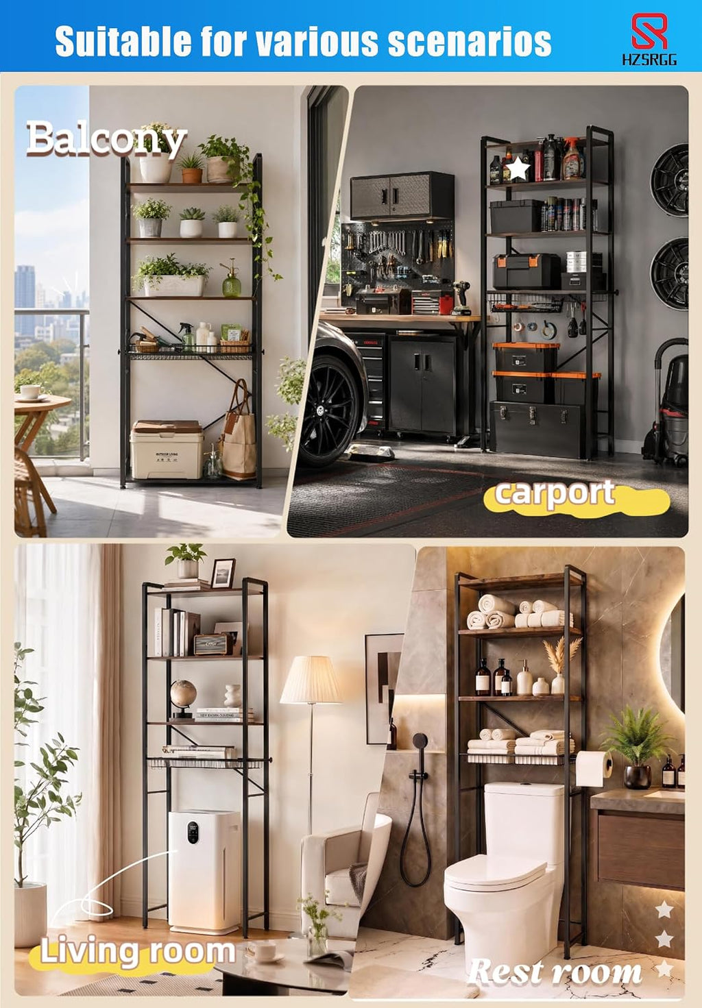 Over The Toilet Storage, 4-Tier Bathroom Organizer with V-Shaped Support & Pre-Welded Frame, Freestanding Rustproof Shelf with Toilet Paper Holder, Heavy Duty, 60" Tall, Antique Brown