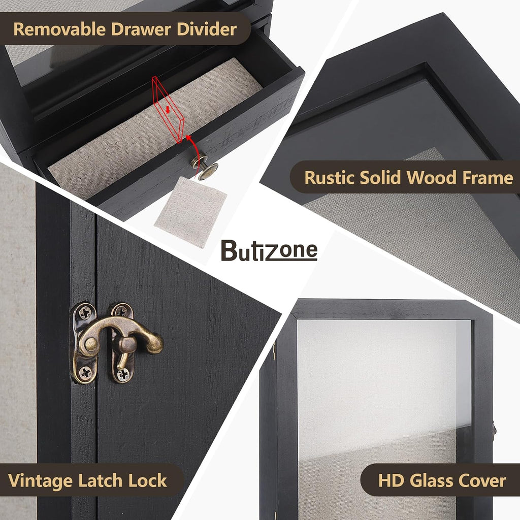 Butizone Shadow Box Frame, 3.2” Deep Shadow Box Display Case with Real Glass and Drawer, Rustic Wood Memory Boxes for Pictures, Flowers, Memorial, Medals, Wedding Bouquet for Wall or Tabletop, Black