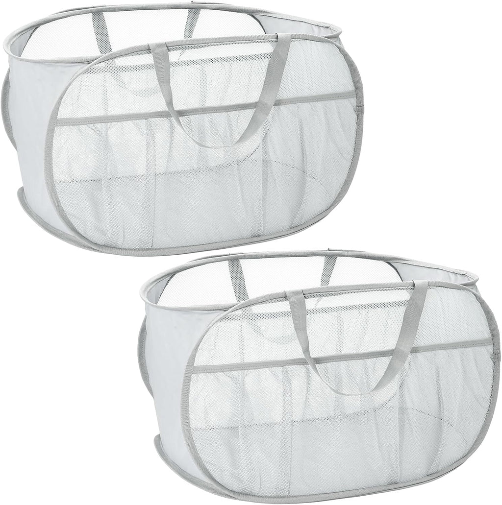2 Pack Collapsible Laundry Baskets, Upgrade Pop Up Laundry Hamper with Convenient Bags, Foldable Laundry Basket Mesh Light Weight, Easy to Carry Clothes Hampers for Laundry, Dorm, Toys, Travel Grey