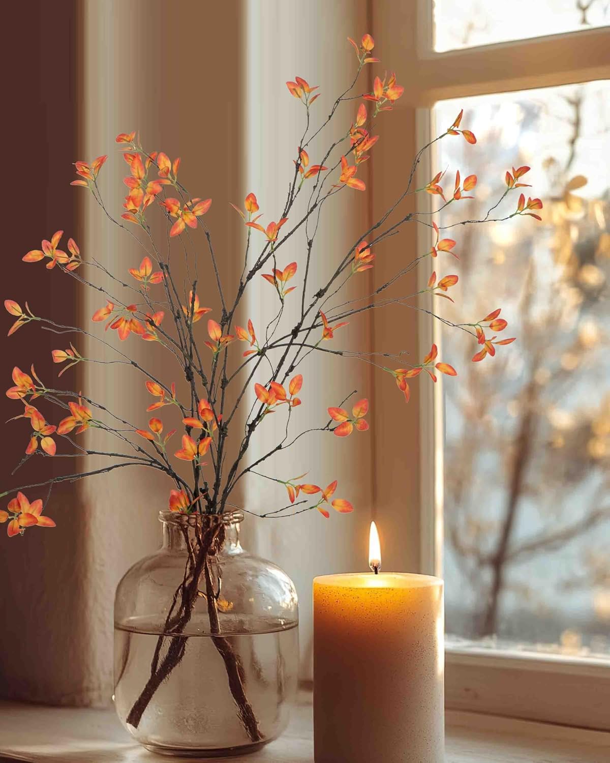 5pcs Artificial Ficus Branches Fall Faux Eucalyptus Stems,Orange
