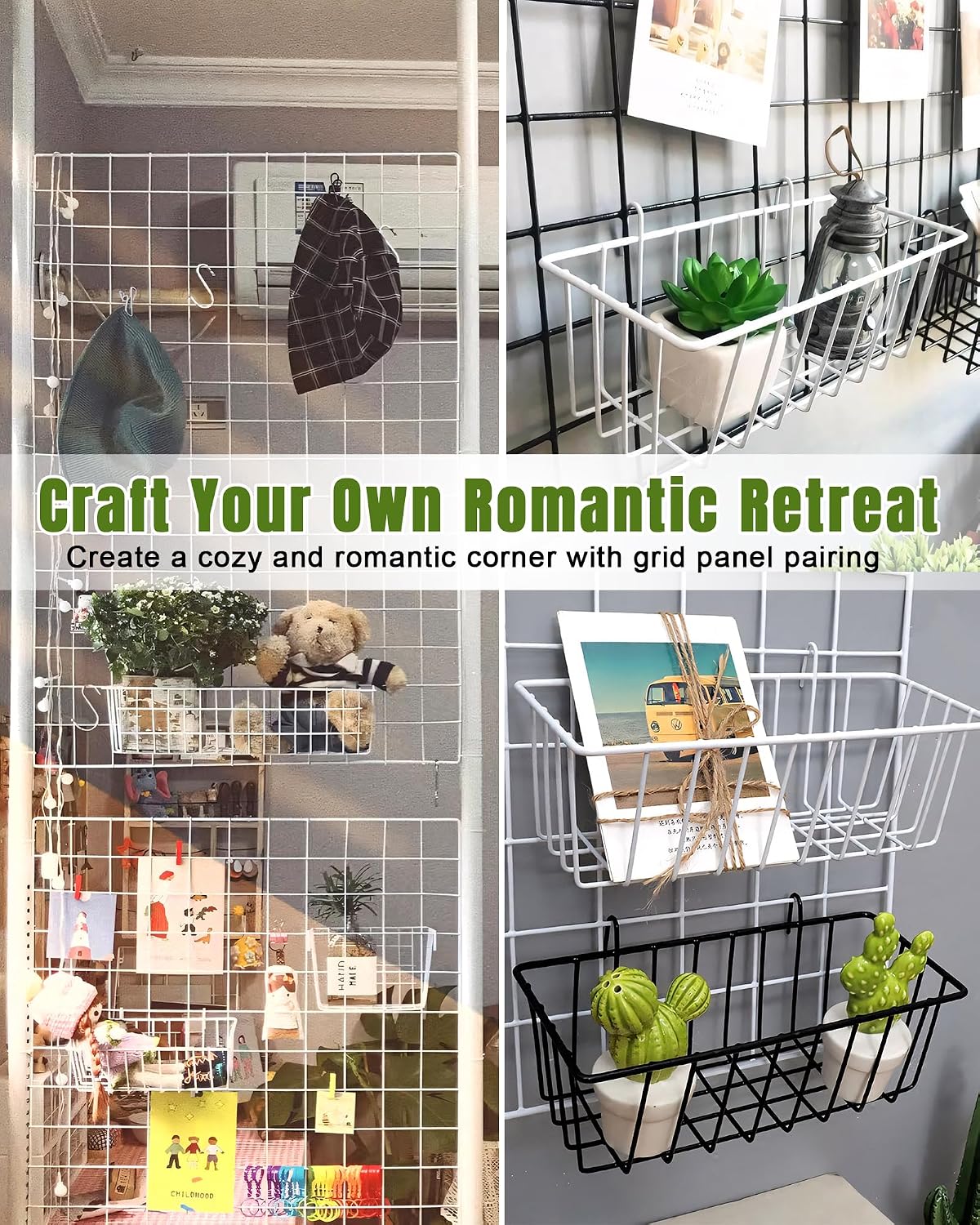 White Wall Grid Panel Hanging Wire Basket, 6 Pack