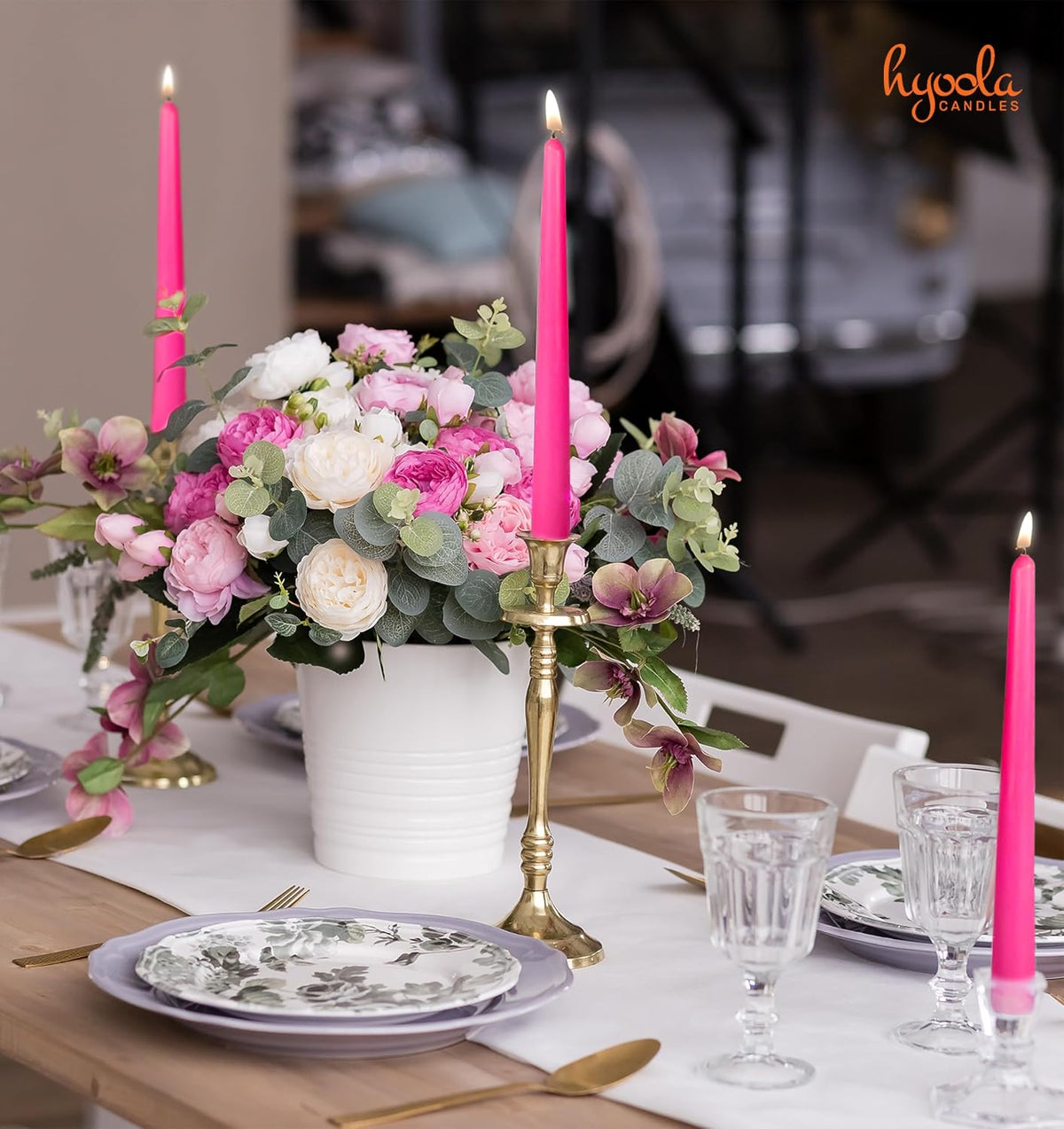 Hyoola 12 Pack Tall Taper Candles - 12 Inch Hot Pink Fuschia Dripless, Unscented Dinner Candle - Paraffin Wax with Cotton Wicks - 10 Hour Burn Time