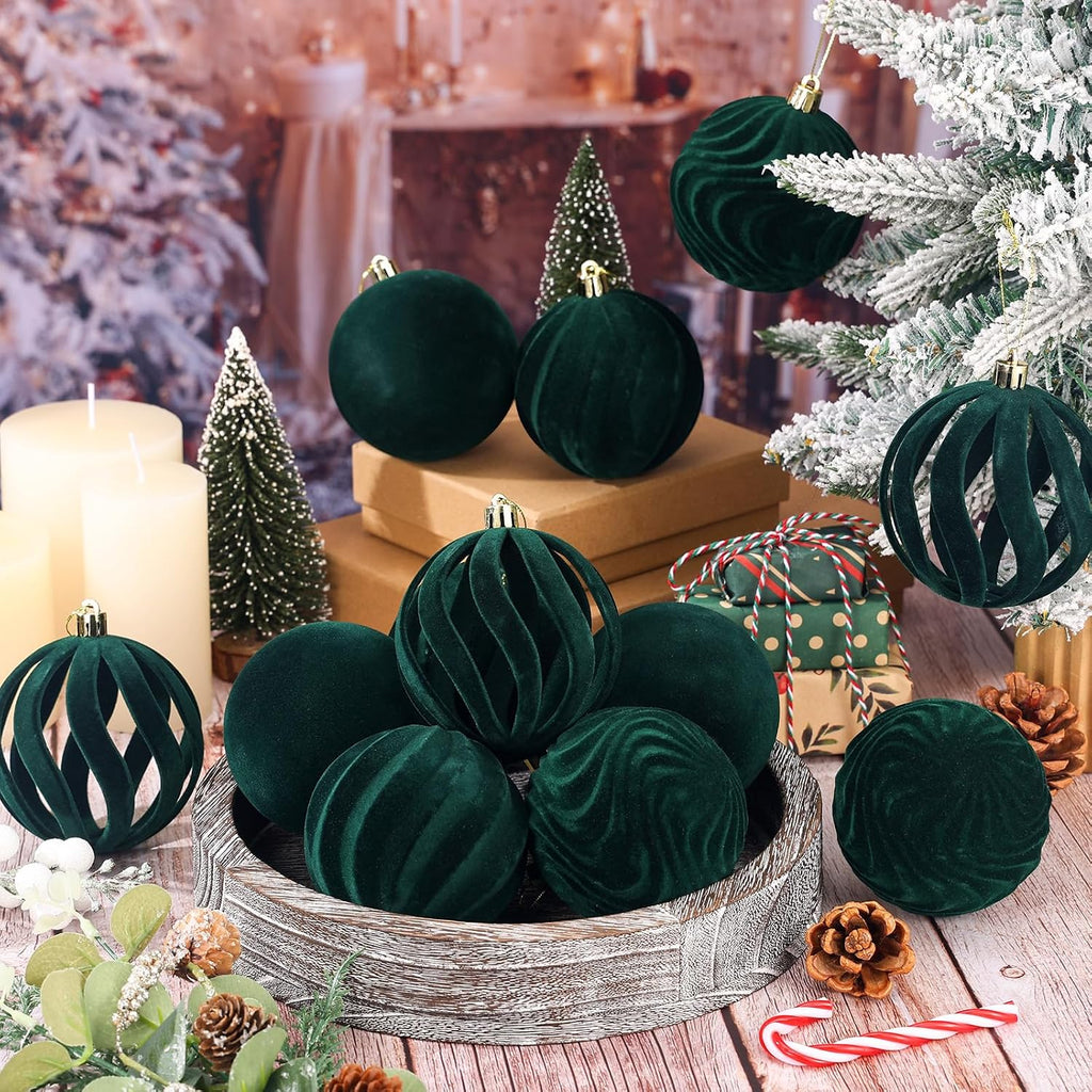 DERTE 12Pcs 3.15in Velvet Christmas Tree Balls Ornaments (Green)