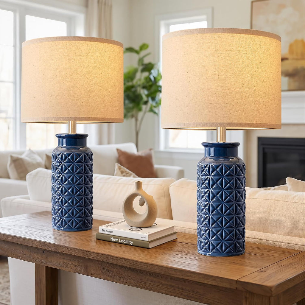 Innqoo 22.6" Modern Ceramic Bedside Lamps Set of 2, Lamps for Bedroom,Blue